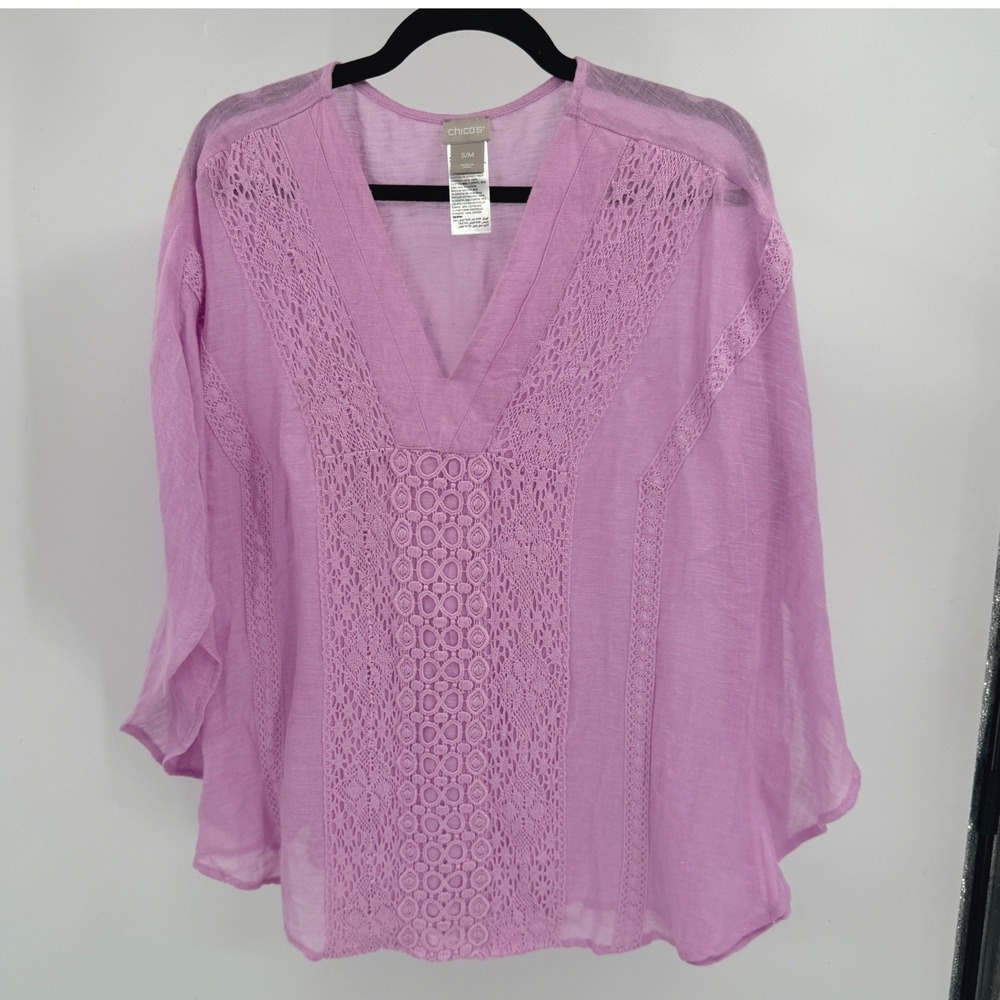 Chicos Purple Linen Blend Crochet Lace V-Neck Poncho Blouse Top SM 1142